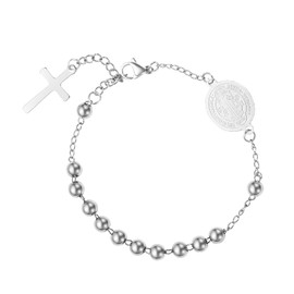 Flongo Christ Cross Rosary Bracelet Jesus Crucifix Bracelet Stainless Steel Bracelet with Saint Benedict Medal for Women, Stainless Steel, No Gemstone