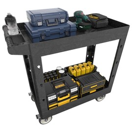 Maemttes Large Garage Plastic Utility Cart, Heavy Duty 2 Shelf Tool Cart Service Cart Rolling Push Carts with Ergonomic Handle 5" Swivel Casters.