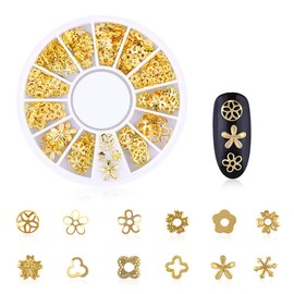 DANNEASY 3d Nail Charms Metal Nail Art Studs Gold Nail Jewels Silver Hollow Star Moon Shell Flower Manicure Decoration Salon with 1pc Curved Tweezers, Wax Pen (6 Wheels)