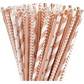 ALINK Rose Gold Paper Straws Hen Party Paper Straws Rose Gold Paper Straws 4 Styles Plastic-free Straws for JGA, Wedding, Birthday, Party Accessories, Pack of 100