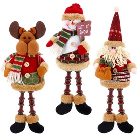 KAHEIGN 3Pcs Christmas Plush Figurines, Christmas Sitting Santa Claus Snowman Reindeer Christmas Ornament Long Legs Figurine for Table Fireplace Decor Home Decoration