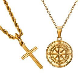 DVRK Set of 18 K Gold Chains with 316L Stainless Steel Base – Men's Gold Necklaces – Men's Gold Chains 55 cm – Gold Chain Men's Cross – Gold Chain Men's Compass, Gold, 316L stainless steel, No