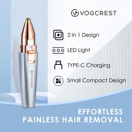 VG VOGCREST VG VOGCREST Eyebrow Facial Trimmer: 2 in1 Rechargeable Facial Hair Removal and Eyebrow Shaver - Face Lips Body Painless Facial Razor with Built-in LED Light (Sky Blue)