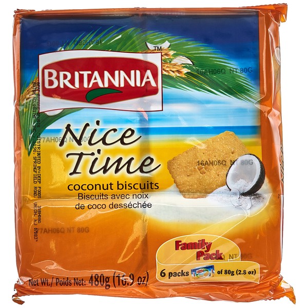 BRITANNIA Nice Time 16.9oz (Pack of 1 - 480g) - Rich and Delicious Sugar Showered Coconut Biscuit Crunchy, Sugary and Sweet - Breakfast, Lunch Healthy Snacks High Protein Cookies Halal and Suitable for Vegetarian