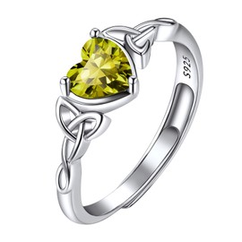 August Birthstone Rings for Women Girls, Solitaire Peridot Birthstone Ring, Minimalist Adjustable Irish Jewelry Ring, 925 Sterling Silver Crystal Heart Celtic Knot Ring