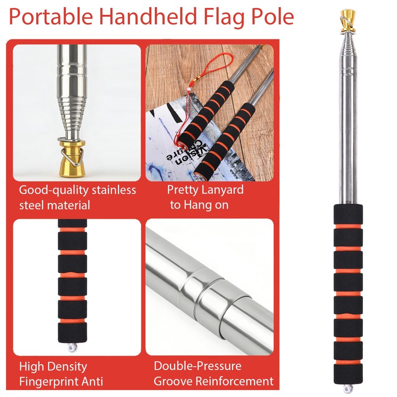 OQUQO 2 Pack Telescopic Handheld Flag Pole (8.2ft), Stainless Steel,