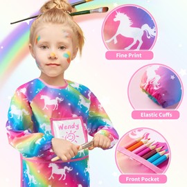WERNNSAI Kids Art Smock, Unicorn Toddler Art Smock for Girl, Art Essentials Kids Painting Apron, Personalize Toddler Painting Smocks Waterproof Apron with Long Sleeve and 3 Pockets