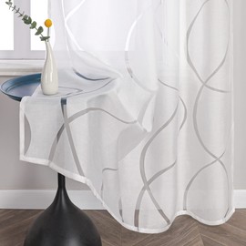 Delien Curtain Scarves, Burnout Transparent Curtains with Ruffle Tape, Modern "Waves" Window Curtains, Living Room, Panel Curtains, Decorative Curtains with Wave Pattern, Pack of 1, White, W x H 140 x