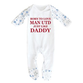 'Born To Love Man Utd Just Like Daddy' Baby Boy Girl Sleepsuit Designed and Printed in the UK Using 100% Fine Combed Cotton (0-3 Months, White/Blue Stars)