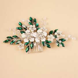 BERYUAN Silver Flowers Pearls Crystal Rhinestone Hair Comb Green Teardrop Crystal Rhinestone Pearls Wedding Headband Silver Wedding Hair Accessories for Wedding Women Girls (green)