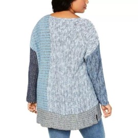 Style&co. Style & Co Womens Plus 0X Blue Combo Patchwork Long Sleeve Tunic Sweater NWT E11