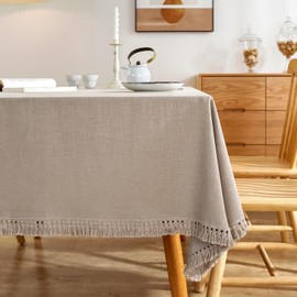 AmHoo Linen Tablecloth Table Cloth Stitching Tassel Rectangle Decorative Natural Table Cover for Kitchen Dinning Wedding Buffet 55 x 70 Inch Natural