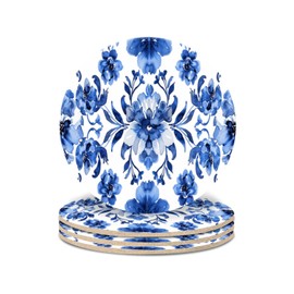 Coasters for Drinks Bar Beer,Set of 4,Round Wooden Housewarming Gift,Blue and White Floral Pattern