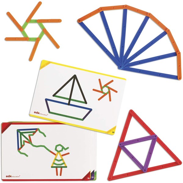 Edx Education Junior GeoStix - In Home Learning Toy for Early Math and Creativity - 200 Multicolored Construction Sticks - 30 Double-Sided Activity Cards - Geometric Manipulative
