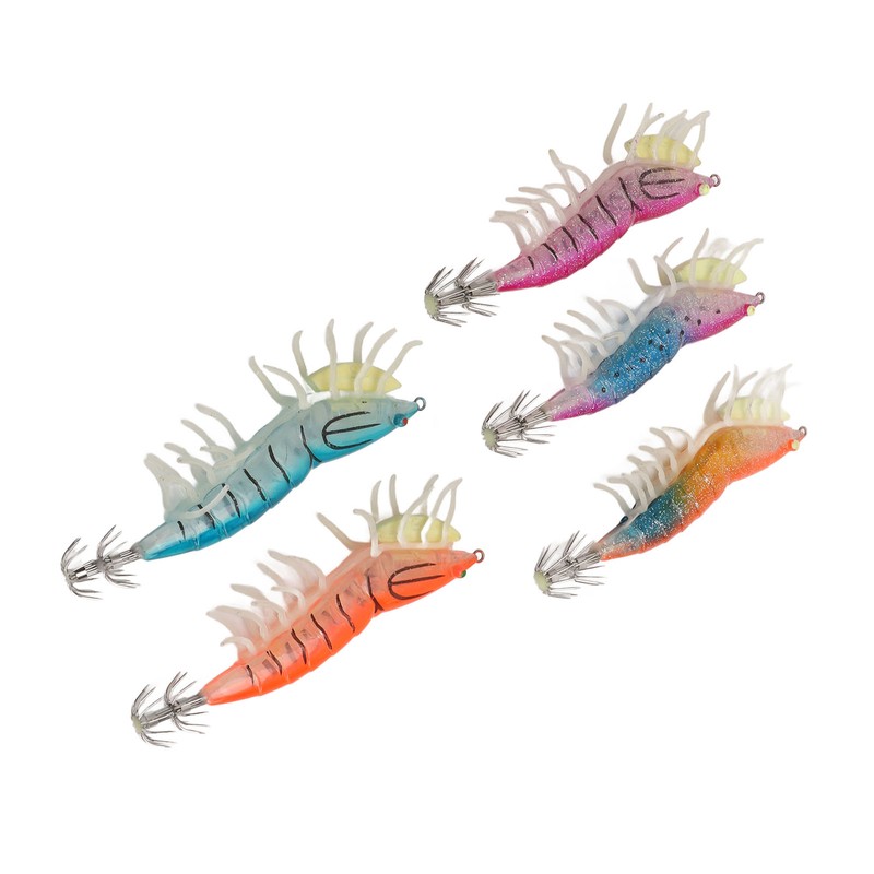 5pcs Wood Shrimp Bait Artificial with Counterweights Double Pileate Hooks