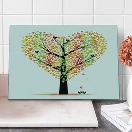 Lunarable Tree of Life Cutting Board, Heart Shaped Valentine Tree with Kissing Love Birds Floral Leaf Nature, Decorative Tempered Glass Cutting and Serving Board, Large Size, Multicolor