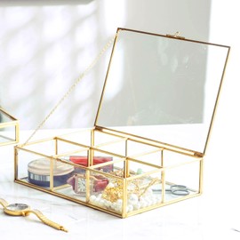 Levilan Golden Vintage Glass Box Clear Glass & Brass Metal Storage Jewelry and Cosmetic Makeup Lipstick Holder Organizer Beauty Display, 6 Compartment