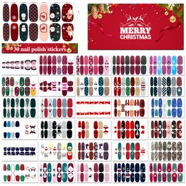 XEAOHESY 30 Sheets Christmas Nail Polish Strips Full Nail Wraps for Women Holiday Nail Art Self-Adhesive Nail Polish Stickers Santa Claus Snowmen Christmas Nail Strips with Nail File