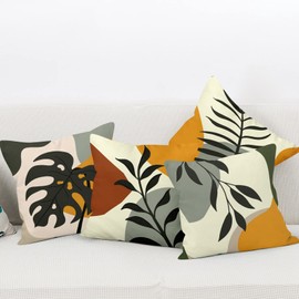 Aoihrraan Cushion Covers Set of 4, Minimalist Leaf Throw Pillow Covers Yellow Black Geometry Leaves Soft Short Plush Square Pillowcase for Sofa Couch Bedroom Car Chair Home Decor 22"x22"