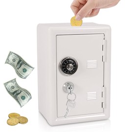 Metal Money Box in Safe Style, Mini Safe Piggy Bank, Money Box with Combination Lock, Security Metal Money Bank, Cash Box Safe for Children (White) 18 x 12 x 10 cm