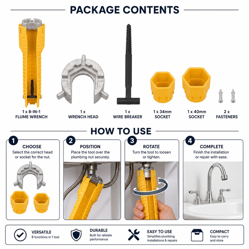 8-in-1 Faucet Wrench for Kitchen Sink Repair – Multifunction Plumbing