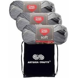 Red Heart Soft Greyscale E728-9931 (3-Skeins - Same Dye Lot) Worsted Medium #4 Acrylic Yarn for Crocheting and Knitting - Bundle with 1 Artsiga Crafts Project Bag