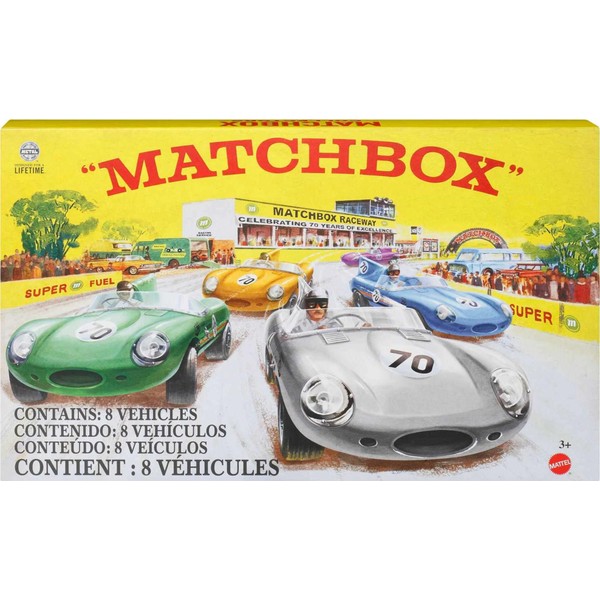 Matchbox HPC03 Premium Metal Cars Set of 8 1:64 Birthday Scale, with Top Quality Decorations, 1 Exclusive Vehicle Included, Collectable, Adult Toy