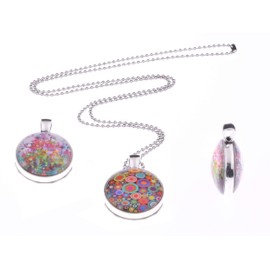 Adi Fashion Jewellery Necklace "Samara", 70 cm Long Ball Chain with a Round 25 mm Pendant with Colourful Motifs on Both Sides Under Glass Cabochons, Handmade in Berlin, Stainless steel, brass