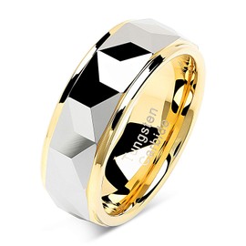 100S JEWELRY Tungsten Rings For Men Women Wedding Band Polished Facet Cut Gold Step Edge Sizes 6-16 (tungsten, 9)