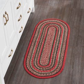 VHC Brands Farmhouse Rustic Christmas Decorations Forrester Woven Striped Indoor/Outdoor Rug for Bathroom Kitchen Sink Entryway Mat - Oval 17x36, Red Green & White Braided
