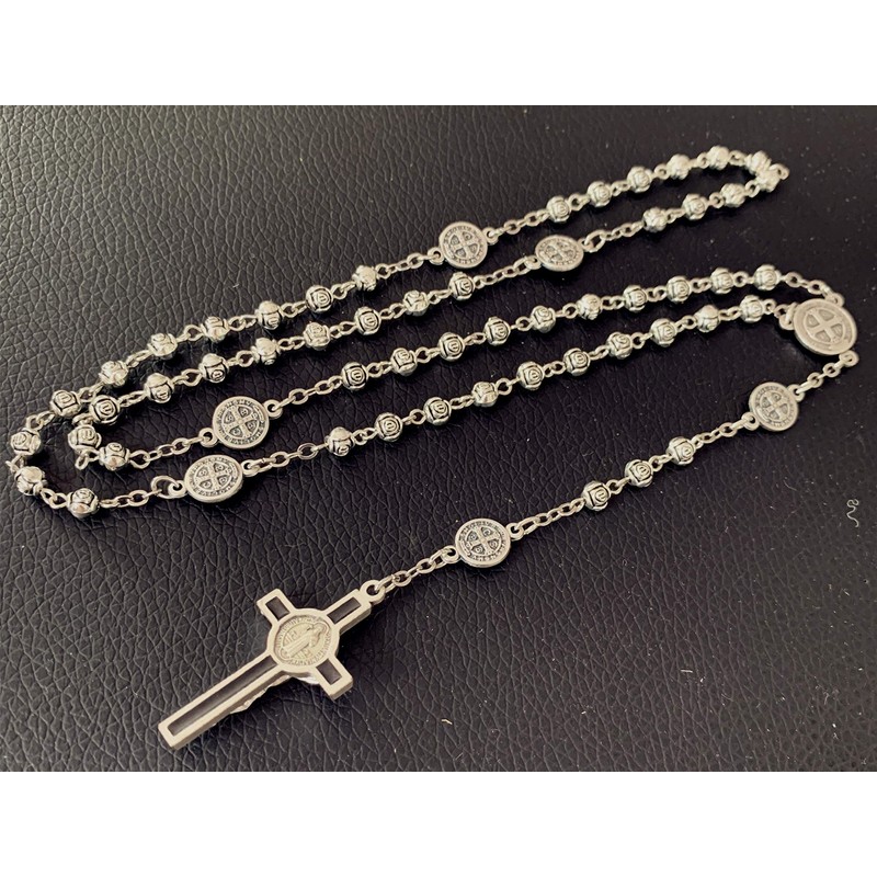 elegantmedical Handmade Silver Rose Beads St. Benedict Rosary Catholic Necklace