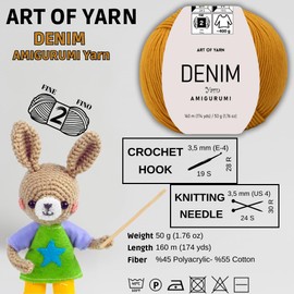 Art of Yarn Denim 55% Cotton,45% Poliacrylic, 4 Skeins Total 200gr (7,055 oz),640m (699 yds),Soft & Smooth Yarn Sport – Fine(2) for Crocheting, Knitting, Amigurumi, Baby Blankets, Baby Garments 99984