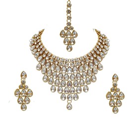 I Jewels Gold Plated Indian Traditional Bollywood Style Wedding Stone Studded Bridal Choker Necklace Set for Women (IJ332W)