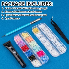 Nail Art Rhinestone Glue Gel&2 Boxes 3D Charms Accessories Kit 3, 1 Pc of 15ml Rhinestone Glue(UV/LED Needed)+3D Flowers Nail Decors Gems Crystal Pearls Bow Beads with Dual-End Brush Tool And Tweezer