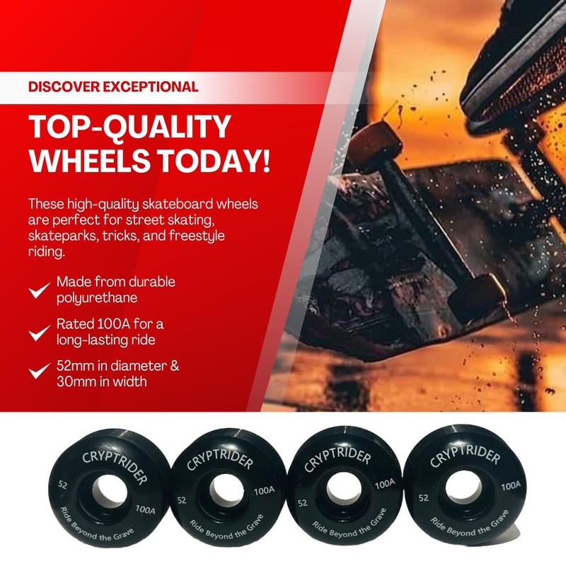 CRYPTRIDER Skateboard Wheels, 52 x 30 mm, 100A PU, Set
