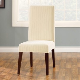 Surefit Home Décor Stretch Pinstripe Short Dining Room Chair One Piece Slipcover, Form Fit, Polyester/Spandex, Machine Washable, 18x19x42 Inches, Cream