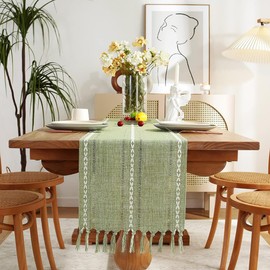 Wracra Hemstitch Cotton Linen Table Runner Made of Woven Crocheted Sage Green Table Runner 120 cm Long with Hand Tassels for Dining Room Kitchen Party and Dessert Table Decoration (Sage Green, 120 cm)