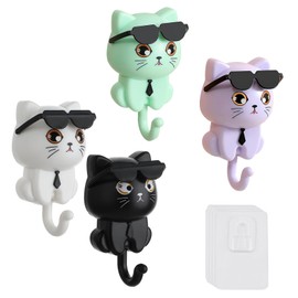 LINTRA 4 Stück Schlüsselbrett Katze, Katze mit Brille Wandhaken Bunt, Selbstklebend Schlüsselhalter Wand, 4 Farben Schlüsselhaken Katze Sonnenbrille, für Wohnzimmer, Schlafzimmer, Eingangsbereich