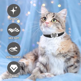 BINGPET Diamond Cat Collar,Adjustable Soft Velvet Leather Safe Kitten Collar with Crystal Heart Charm and Bells,Girl Boy Bling Stylish Cat Collars with Safety Elastic (Black, Neck Girth 6"-8")