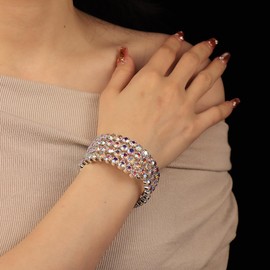 Kenjudess Vintage Rhinestone Bracelet Cuff Layered Crystal Bangle Adjustable Chunky Wrist Arm Cuff Bridal Wedding Festival Prom Party Costume Statement Accessories (Silver 4-strand)