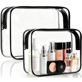ploimyur Clear Makeup Bag, 2 Pack TSA Approved Toiletry Bag for Travel Size Toiletries, Quart Size Clear Cosmetic Organizer bag for Women Men, Carry on Airport Airline Compliant Bag(Black-2pcs)