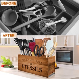 [Upgraded] Kitchen Utensils Holder with Drain Holes & Diatomaceous Earth Base, Extra Large 4 Compartments Wooden Utensil Organizer for Kitchen Countertop, Farmhouse Cooking Utensil Storage (Rustic)