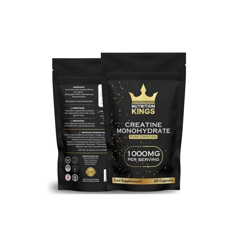 Creatine Monohydrate 1000mg – 60 Vegan Capsules – Muscle Growth,