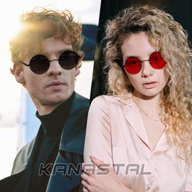 KANASTAL Round Sunglasses for Women Men Small Polarized Sun Glasses Hippie Circle Shades Black and Red Lens with Metal Retro Frame UV Protection 2 Packs