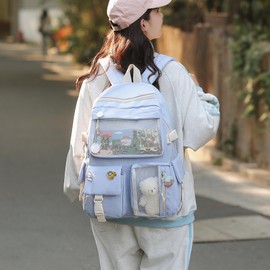HORHEAR Kawaii Backpack with Cute Pin Accessories, Kawaii Plush Toy Animal Pin and Cartoon Card, Kawaii Backpack, School Backpack, Style1-Light Blue