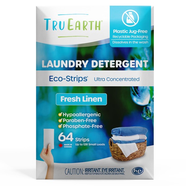 Tru Earth Hypoallergenic, Readily Biodegradable Laundry Detergent Sheets/Eco-Strips for Sensitive Skin, 64 Count (Up to 128 Loads), Fresh Linen Scent