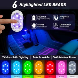 4Pcs LED Interior Car Lights with Remote,7 Colors Sync to Music Ambient Lighting Car Interior with 6 Bright LED Lamp Beads,Portable USB Rechargeable Car Interior Led Night Light for Car Decoration