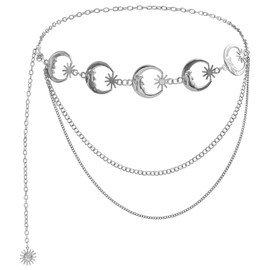 Women's Silver Moon & Star Charm Metal Link Triple Body Chain Fashion Belt Women Chain Belt Multi Layer Waist Chain Metal Belt, Adjustable Chain Belt for Pants, Skirts, Dresses, etc...