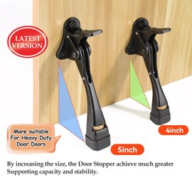 Kickdown Door Stopper 5 Inches - 2 Packs One Touch Adjustable Height Door Stop for The Bottom of Door Aluminum Alloy Metal Door Stopper with Rubber Tip & Wall Protectors for Wide Doors Black