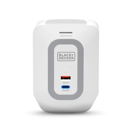 BLACK+DECKER Multicontacto con 6 Tomas Laterales con Puertos USB-A y USB-C BDXEEMTTAP4, Carga Rápida, Supresor de Picos, Diseño Compacto, Regleta de Corriente para Hogar y Oficina, Color Blanco y Gris